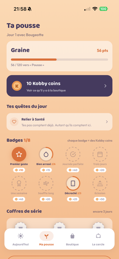 L'écran Ma pousse : niveau, badges et coffres de série